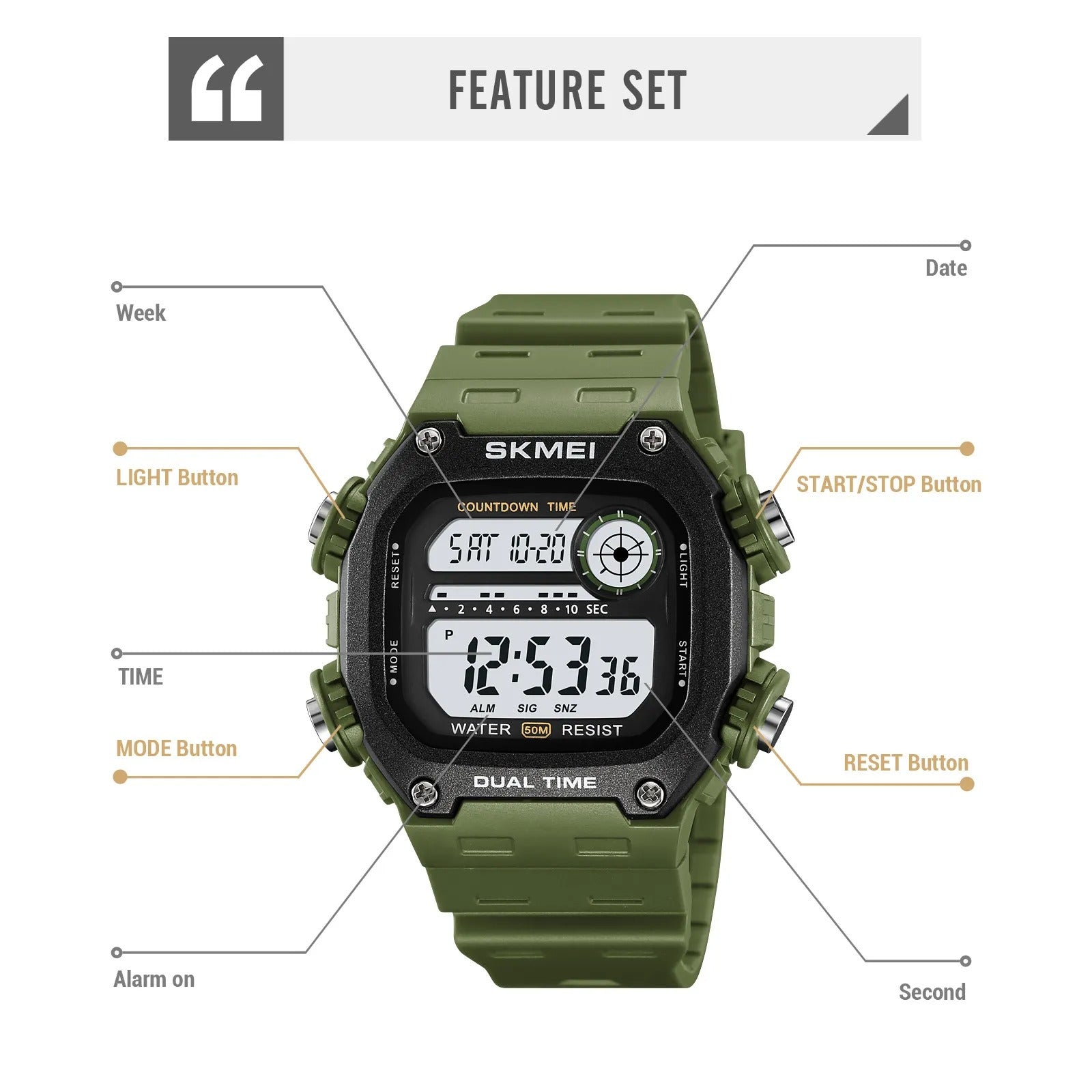 Skmei - 2126 - Luminous 50m Waterproof Mutifunctional - ArmyGreen image 5