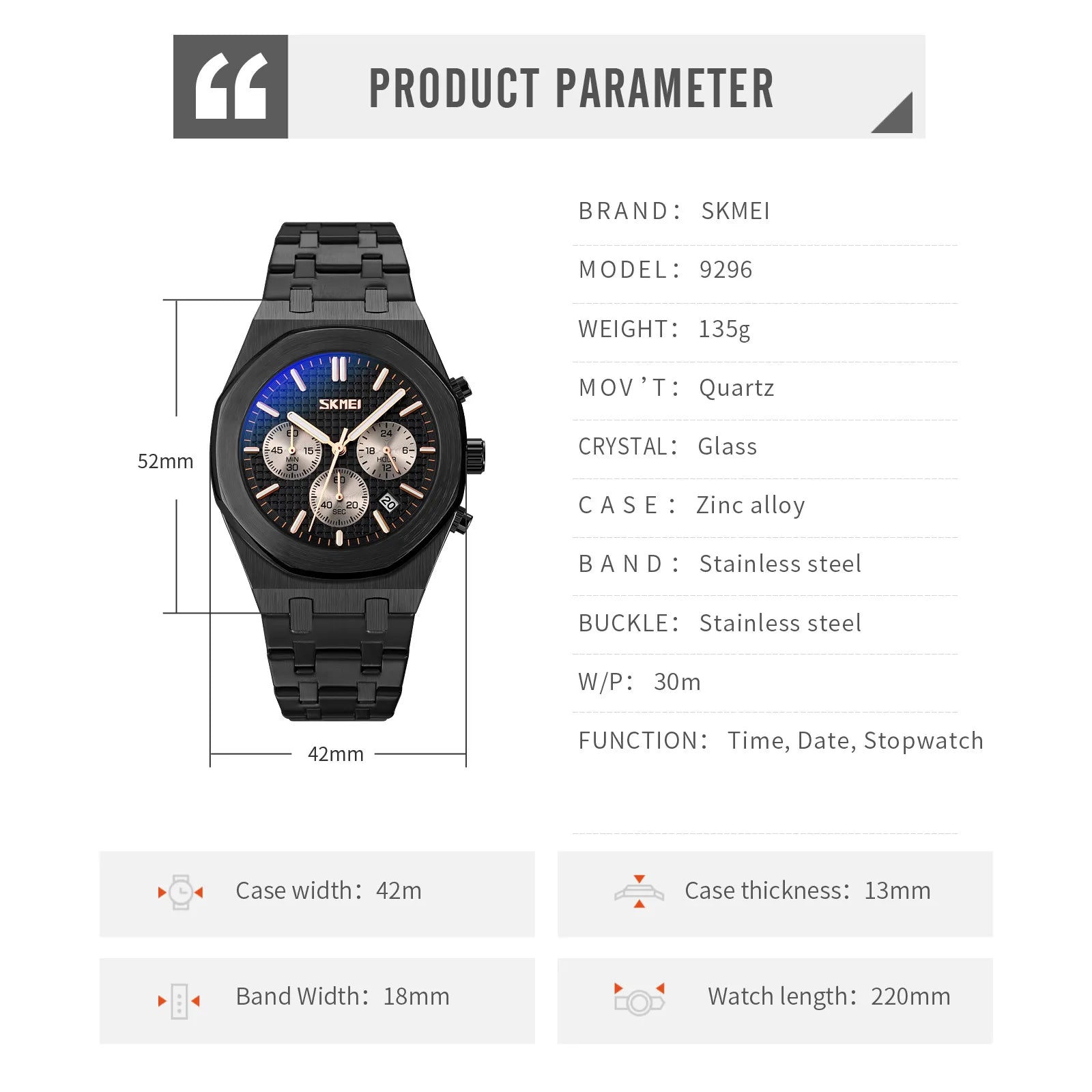 SKMEI - 9296 - Analog Stainless Steel Chronograph Quartz Watch - black/black image 4