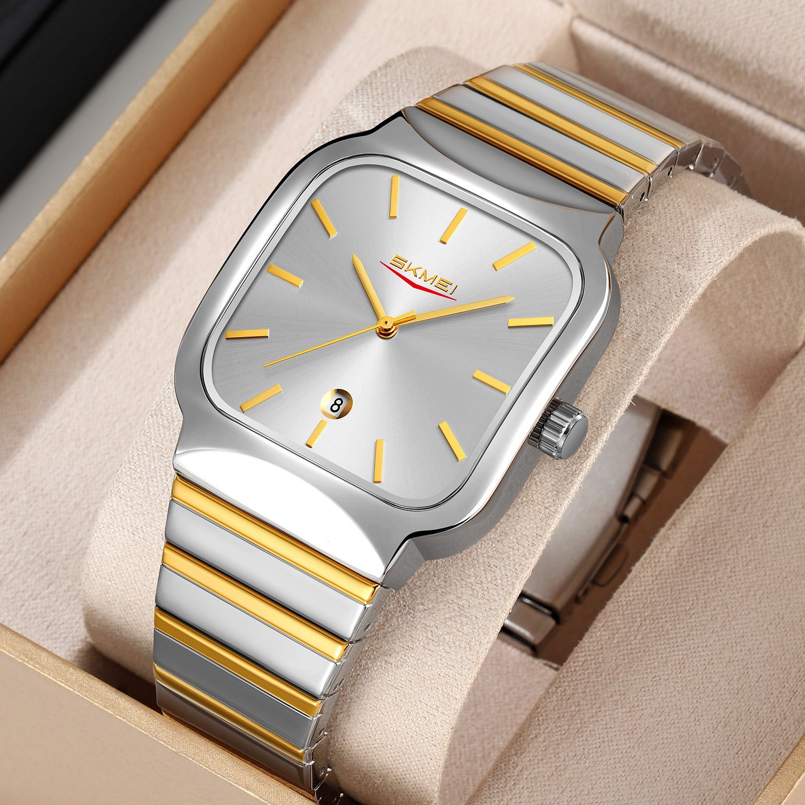 Skmei - 9361 - Luxury Square Men Quartz Watch Waterproof -Silver/Gold-Silver image 0