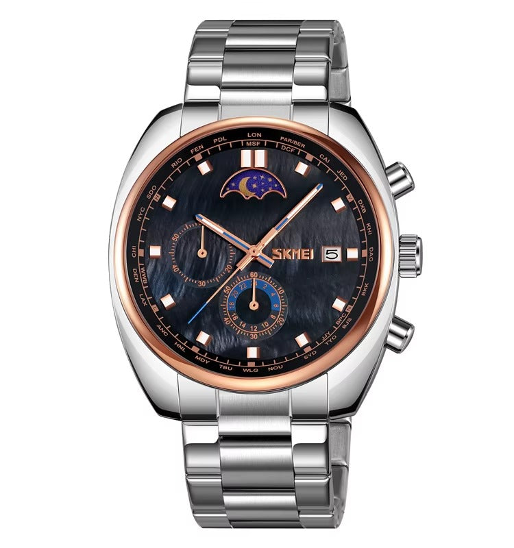 SKMEI - 9325 - Quartz Luxury Moon Phase Chrono Watch - RoseGold/Black image 1