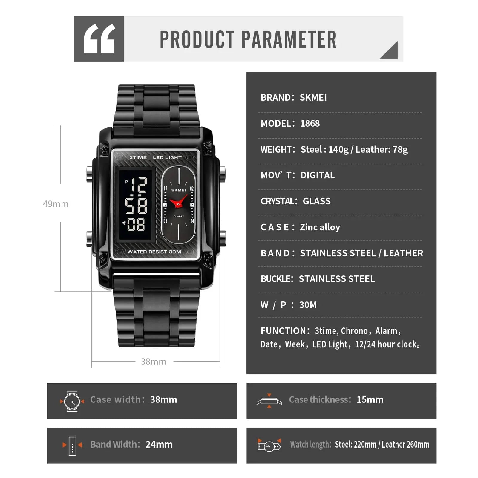 Skmei - 1868 (Chain) - Digital LED Luminous Waterproof - Black-Steel image 6