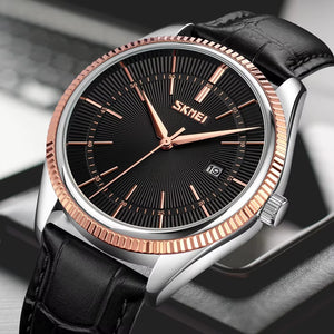 Skmei - 9298 - Leather Strap Casual Analog Quartz Watch - silver/rose gold-black image 0