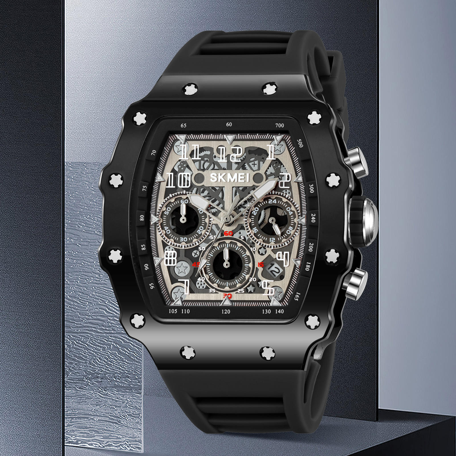 SKMEI 2305 Tonneau Skeleton Dial Chronograph Watch - Black/Black image 5