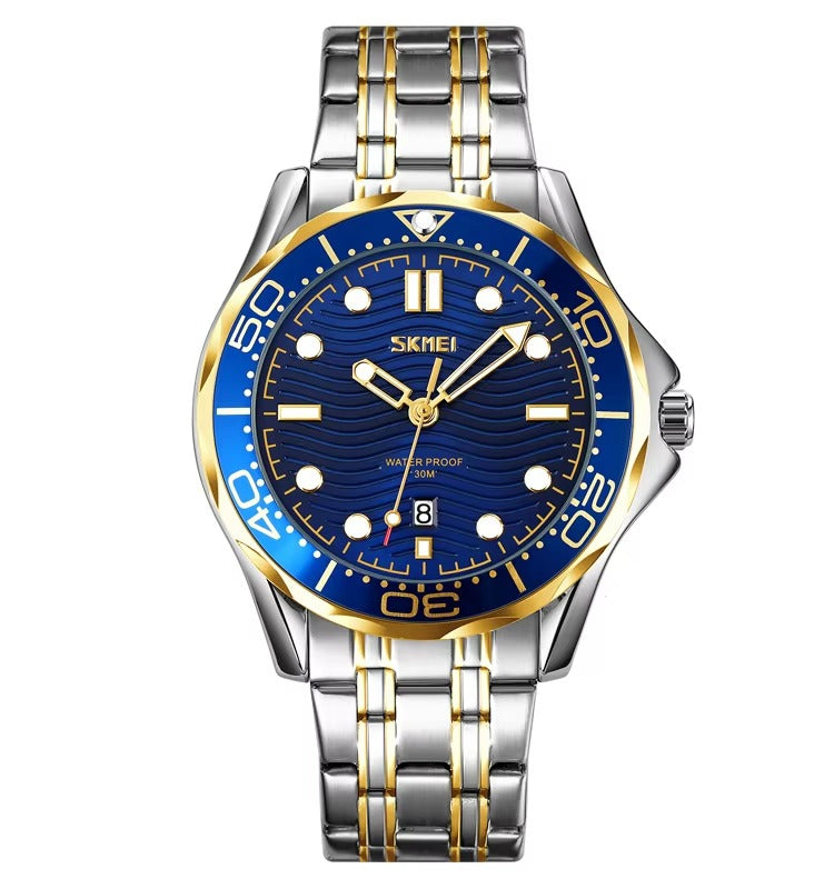 Skmei - 9276 - Quartz Casual Luxury Business Analog Watch - silver/gold-blue-Steel image 1