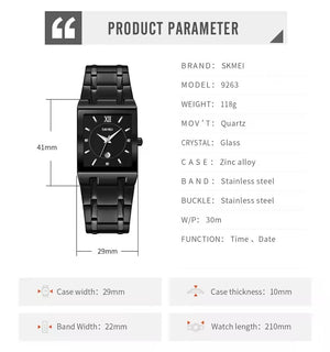 SKMEI 9263 Square Analog Quartz Watch - Black/Black image 3
