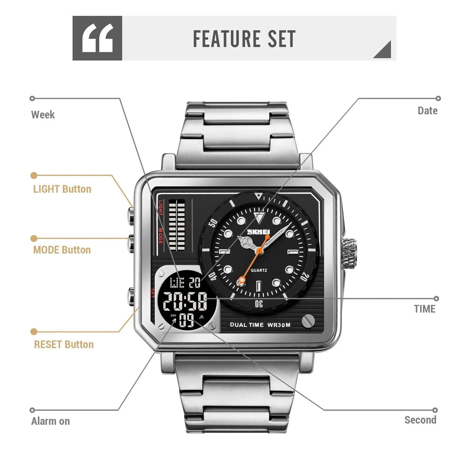 SKMEI - 2025 - LED Backlight Large Screen Multi-Time Zone Waterproof Watch - Silver image 4
