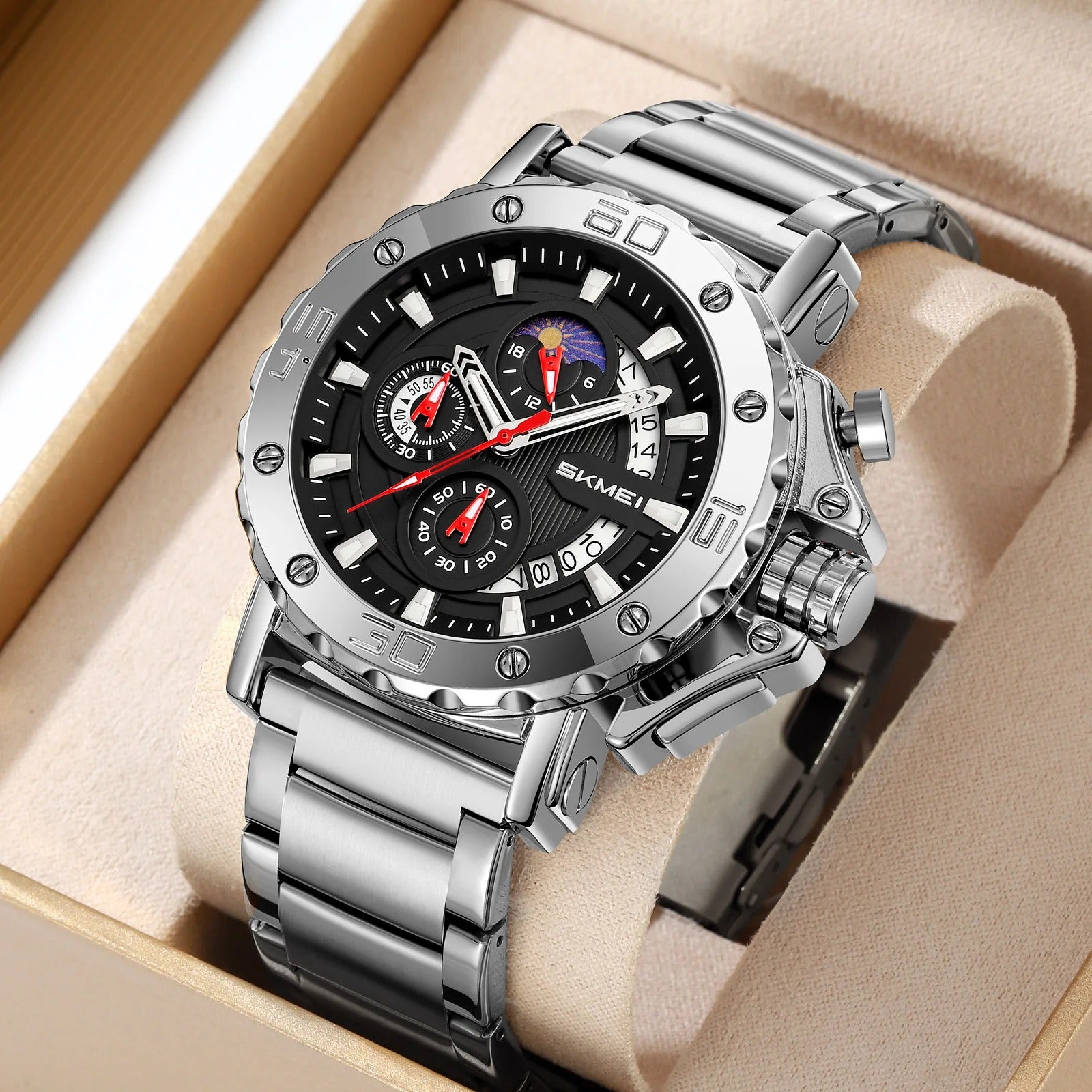 SKMEI - 9344 - Multifunctional Calendar Chronograph Sports Quartz Watch - Silver/Black image 1
