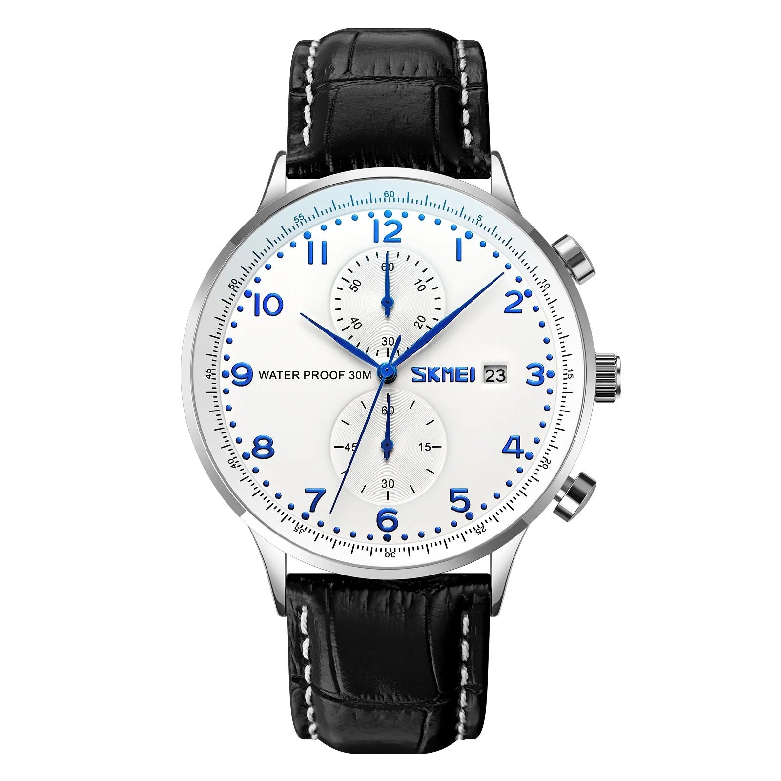 Skmei - 9301 - Classic Leather Chronograph Watch - Silver/Silver/Blue image 0