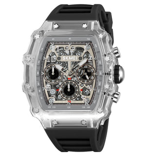 SKMEI 2305 Tonneau Skeleton Dial Chronograph Watch - White/Transparent-Black image 1