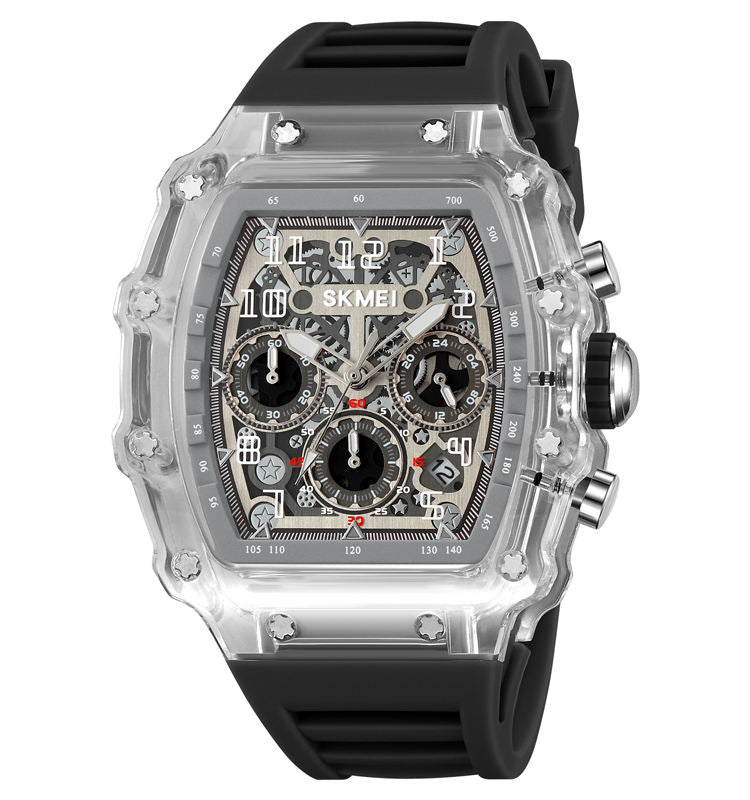 SKMEI 2305 Tonneau Skeleton Dial Chronograph Watch - White/Transparent-Black image 1