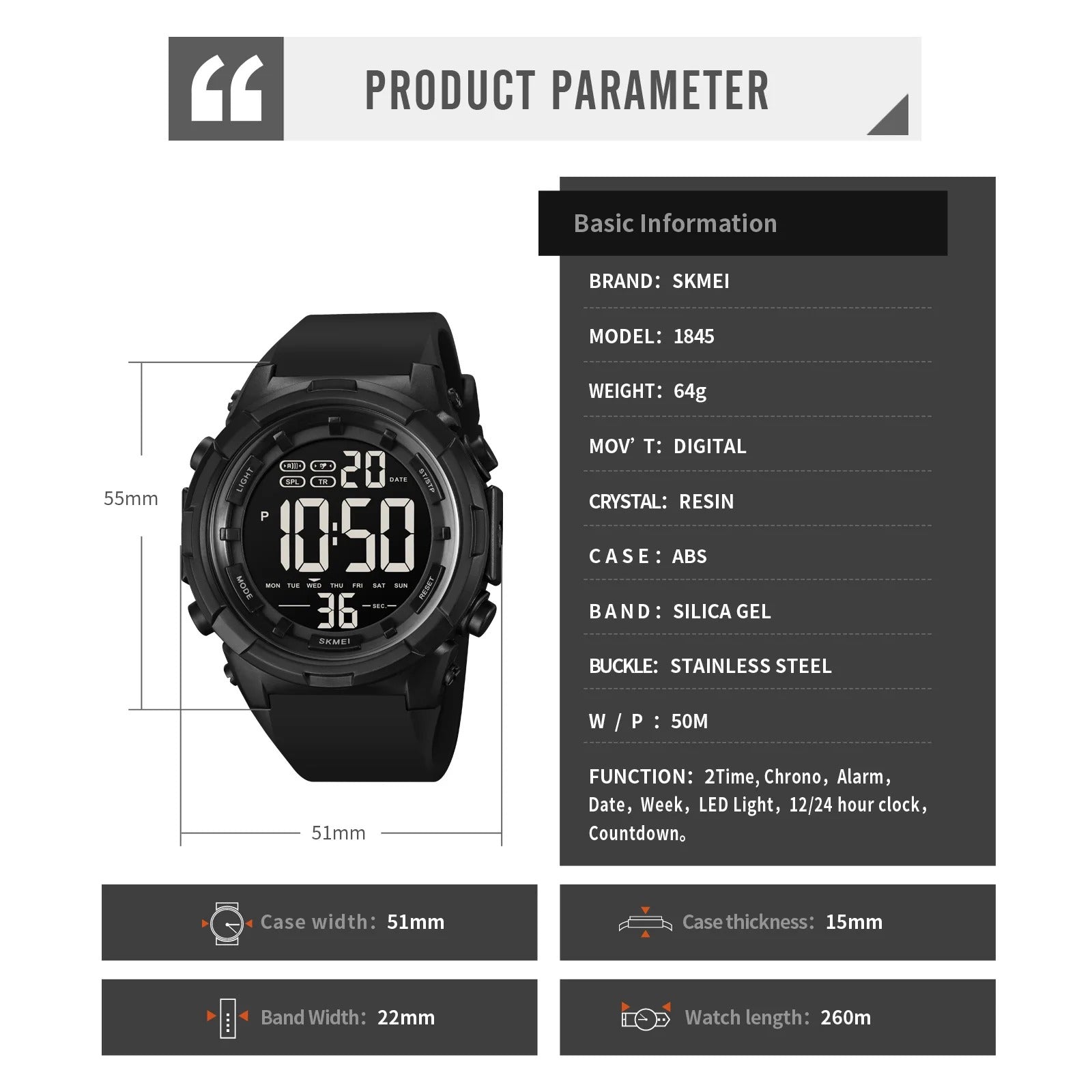 SKMEI - 1845 - High Quality Luxury Watch - Black image 4