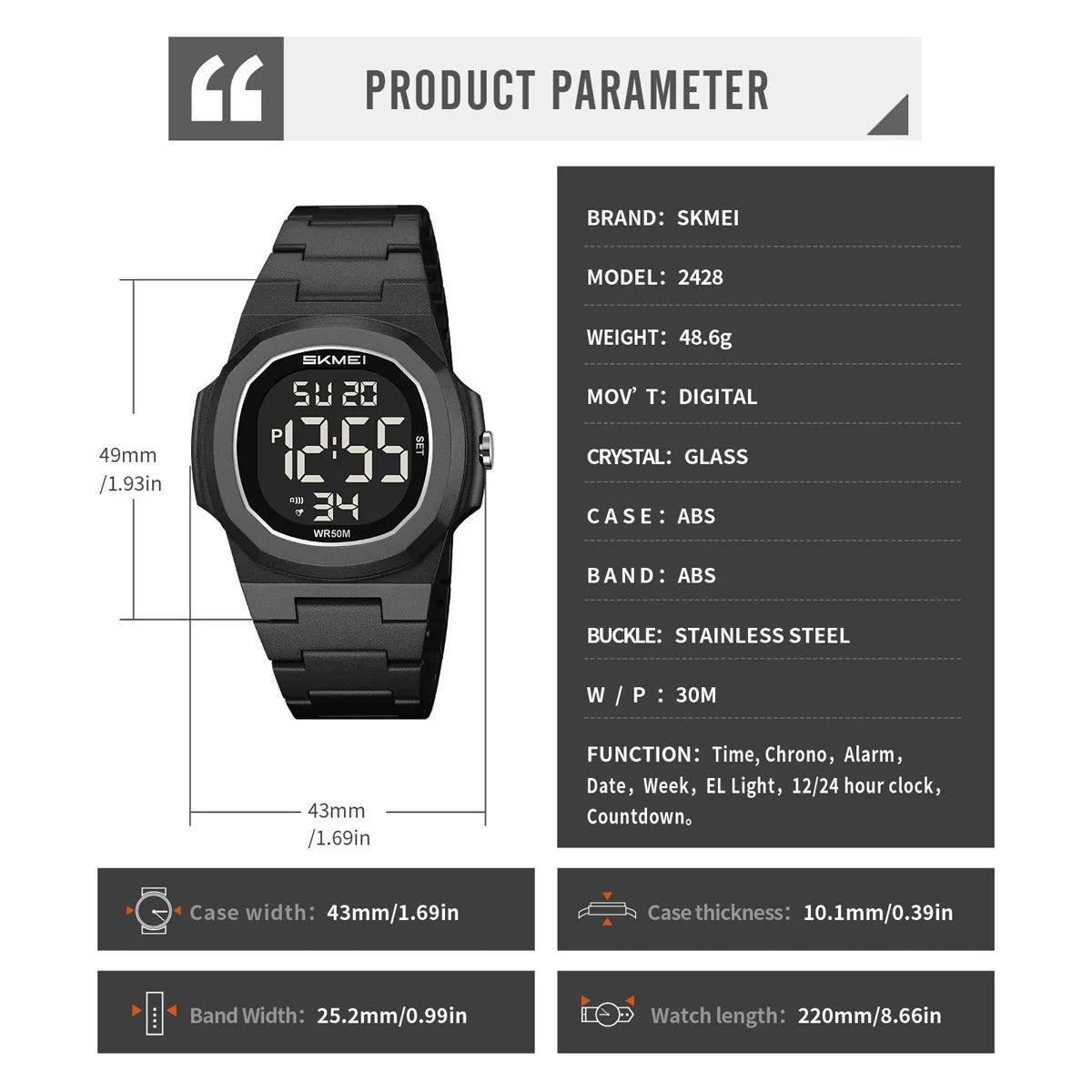 SKMEI 2428 Digital Casual Sports Watch - Black/black image 4