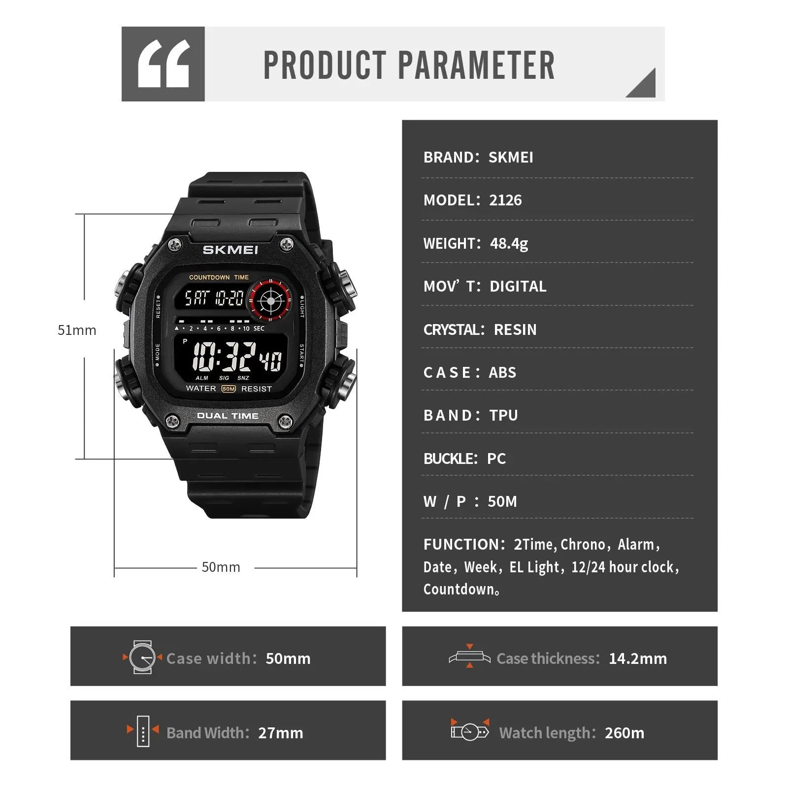 Skmei - 2126 - Luminous 50m Waterproof Mutifunctional - Black/White image 3