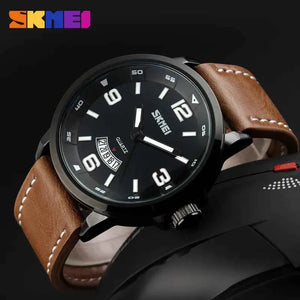 SKMEI 9115 Leather Strap Watch - Black/Brown