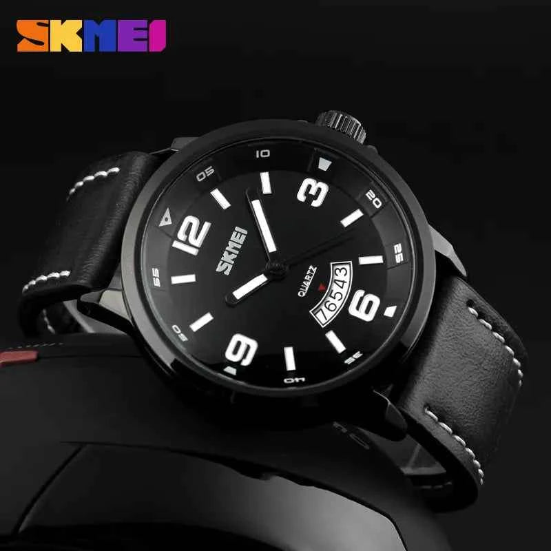 SKMEI 9115 Leather Strap Watch - Black/Black