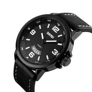 SKMEI 9115 Leather Strap Watch - Black/Black