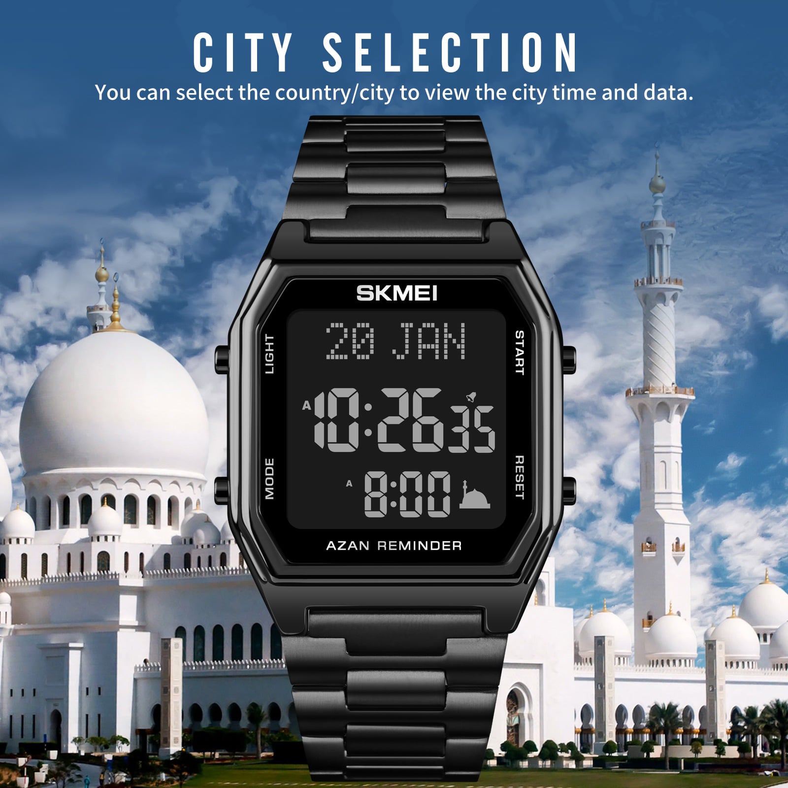 SKMEI - 1763 - Qibla Azan Time Reminder Prayer Watch - black/black image 3