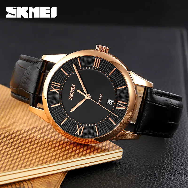 SKMEI 9261 Classic Quartz Leather Watch - Black/Black