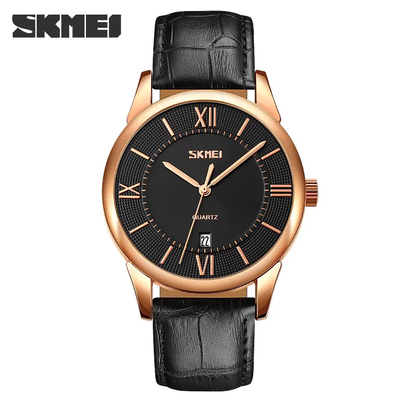 SKMEI 9261 Classic Quartz Leather Watch - Black/Black