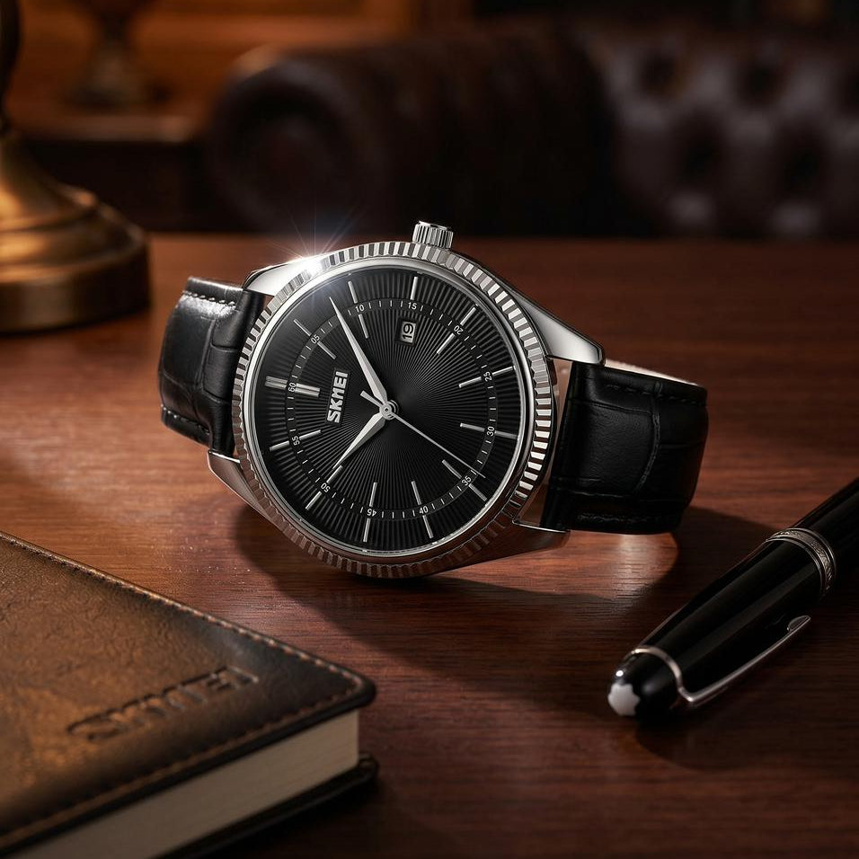 SKMEI 9298 Leather Strap Analog Quartz Watch - Silver/Black-Black