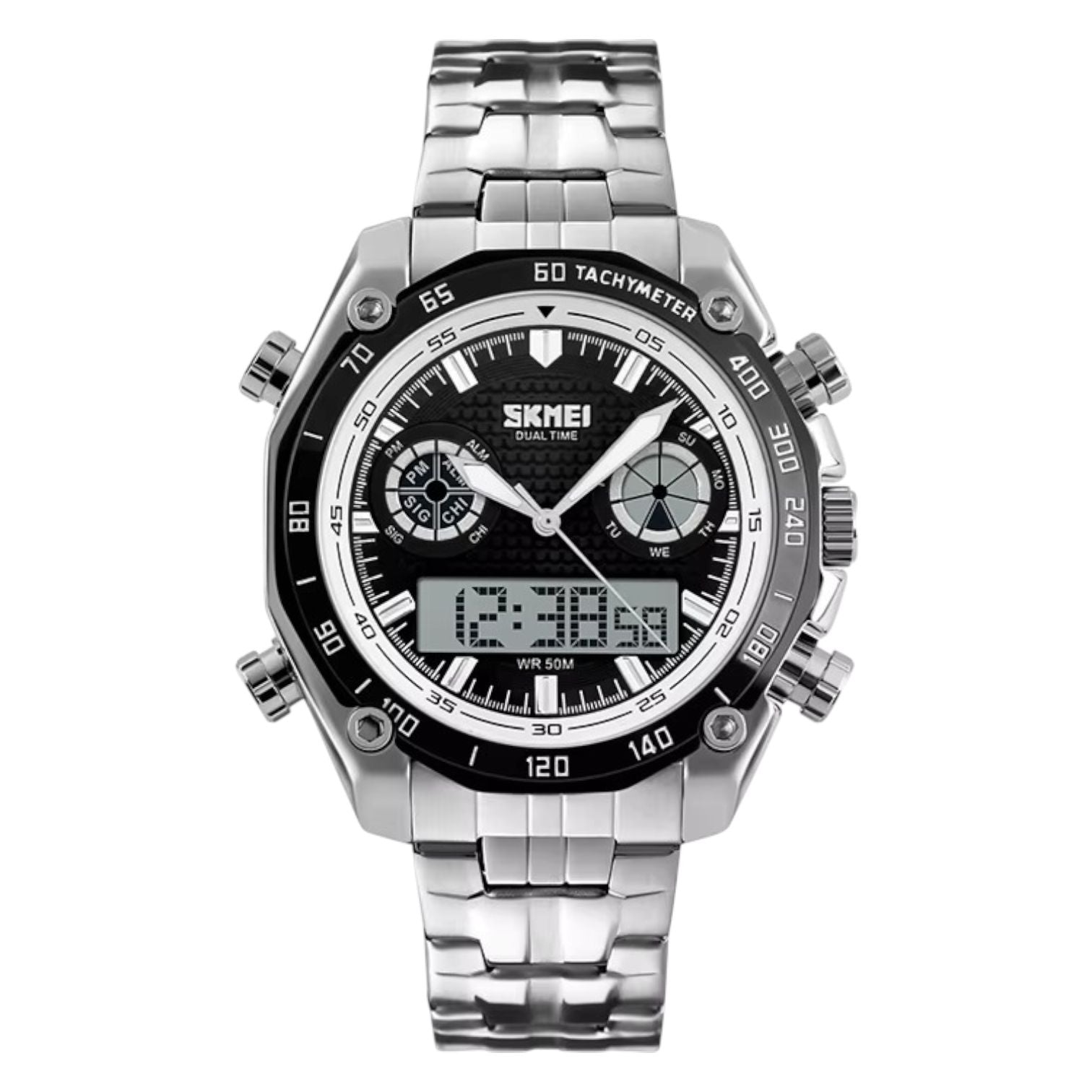 SKMEI - 1204 - Dual Time Stainless Steel Digital Watch - black/black image 0