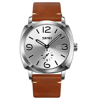 SKMEI 9305 Classic Leather Quartz Watch - Silver/Silver