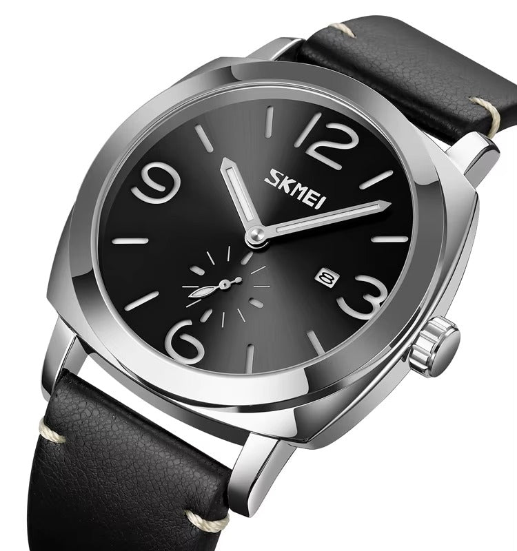 SKMEI 9305 Classic Leather Quartz Watch - Silver/Black