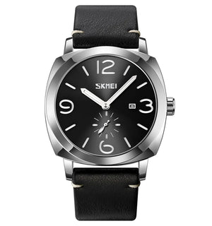 SKMEI 9305 Classic Leather Quartz Watch - Silver/Black