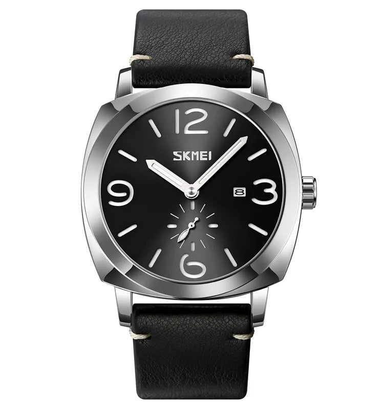 SKMEI 9305 Classic Leather Quartz Watch - Silver/Black