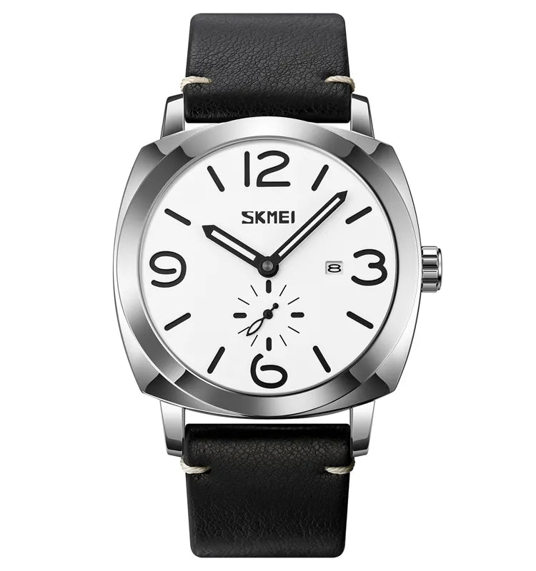SKMEI 9305 Classic Leather Quartz Watch - Silver/White