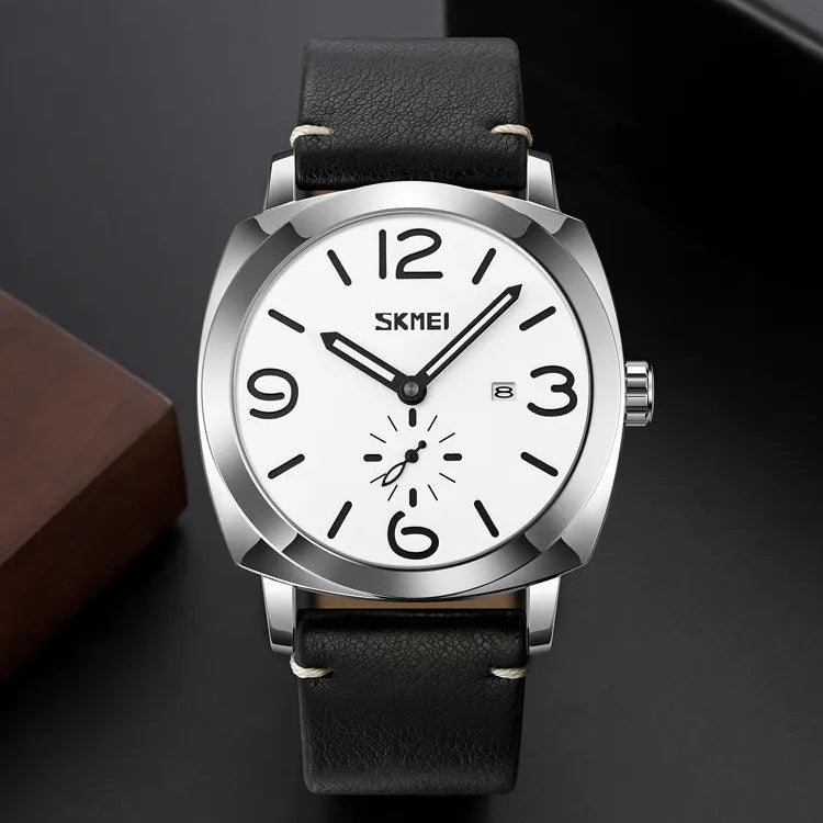 SKMEI 9305 Classic Leather Quartz Watch - Silver/White