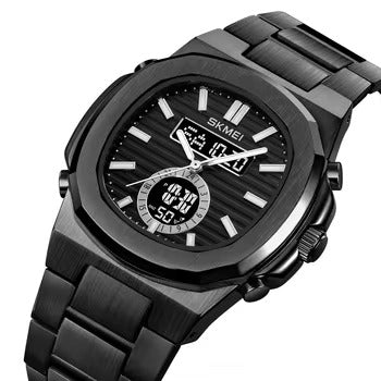 Skmei - 2279 - Dual Time Stainless Steel Watch - black-black image 3