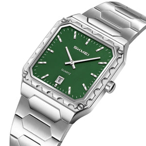 SKMEI 9383 Classic Square Steel Watch - Silver/Green
