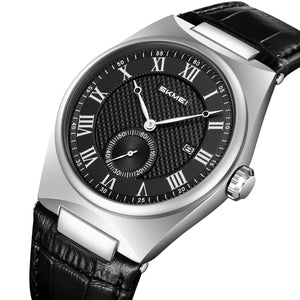 SKMEI 9390 Classic Roman Numeral Leather Watch - Black/Black