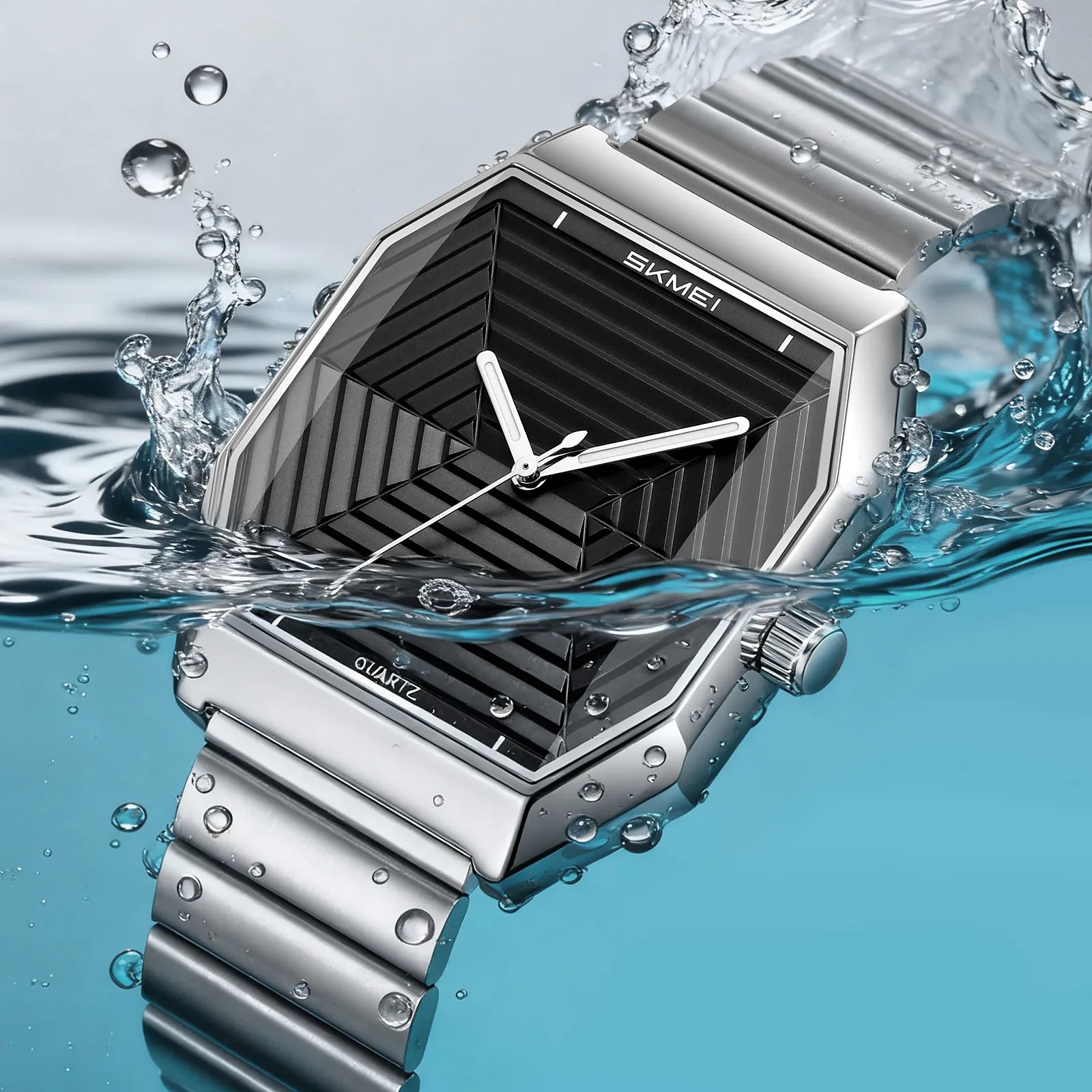 SKMEI 9393 Modern Geometric Steel Watch - Silver/Black