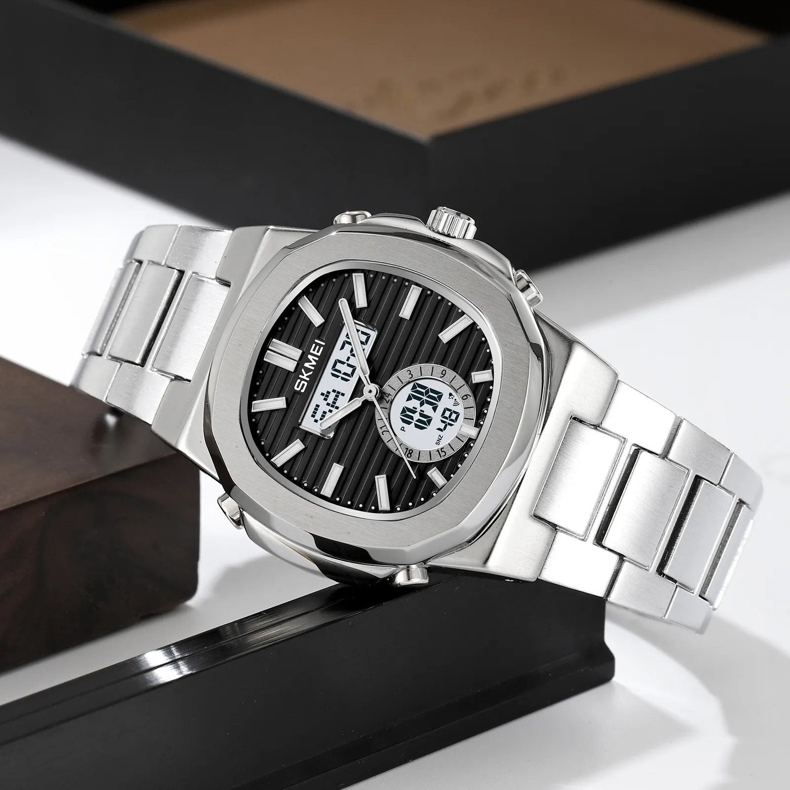 Skmei - 2279 - Dual Time Stainless Steel Digital Watch - Silver/Black image 0