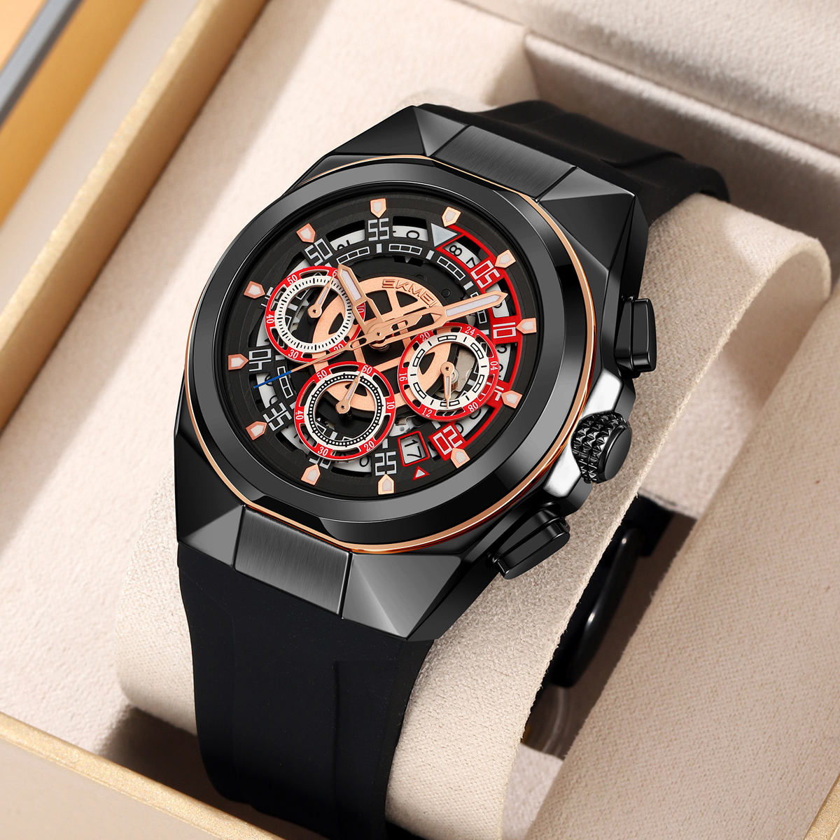 SKMEI - 9377 - Sporty Multi-Function Quartz Watch - black/black-red image 1