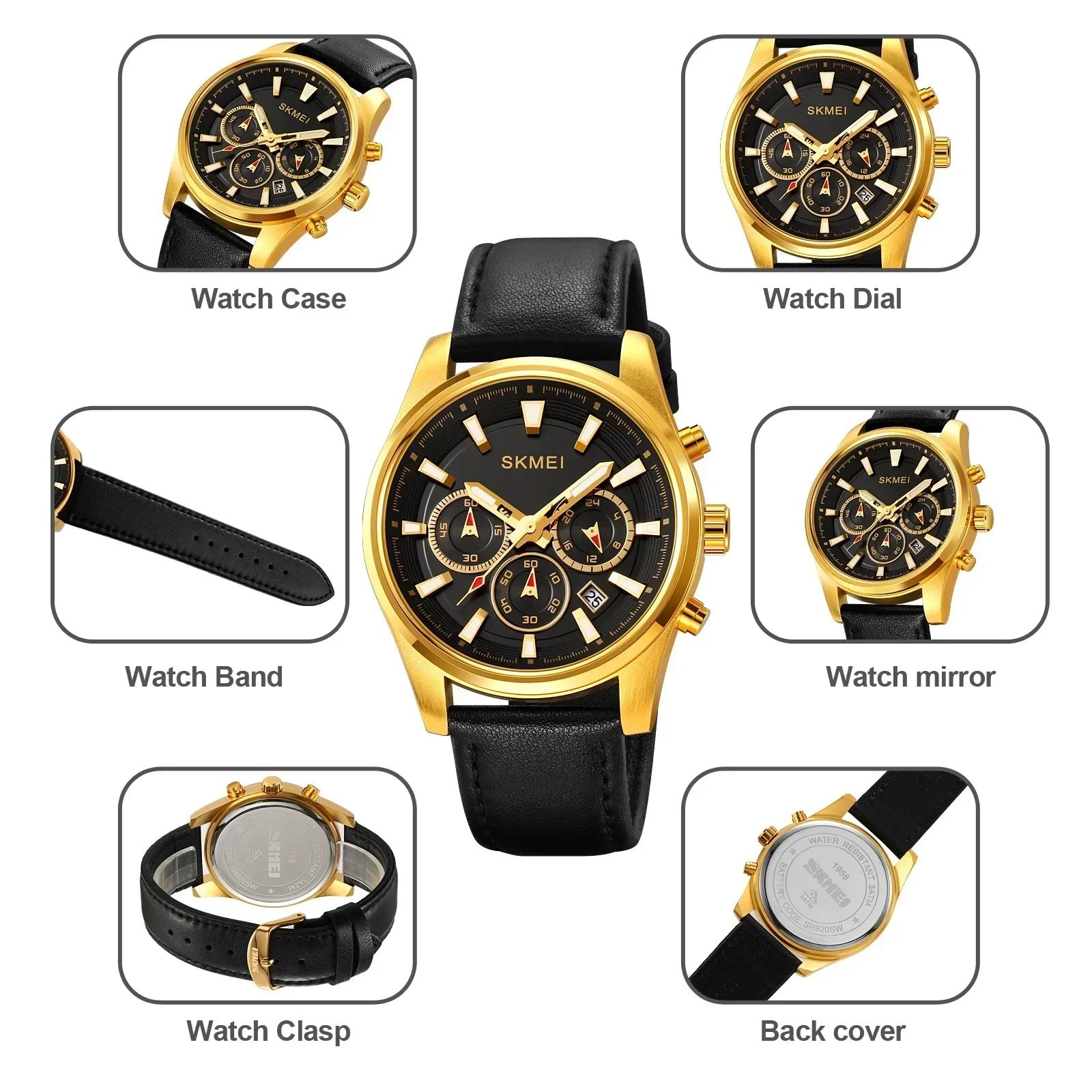 SKMEI - 1989 - Chronograph High Quality Leather Watch - Gold/Black image 5