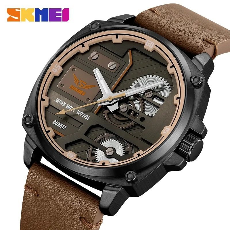 SKMEI 2289 Skeleton Dial Leather Strap Watch- Black/LightBrown image 0