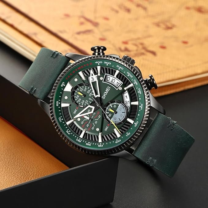 Skmei - 2059 - Three Dial Quartz Watch Leather Strap 30 Meter Waterproof - Green image 1
