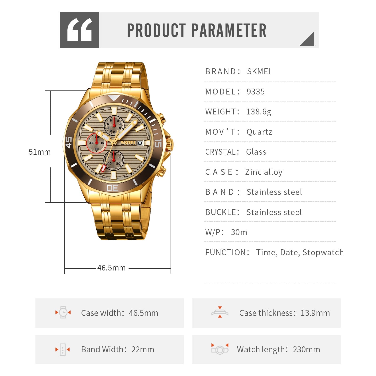 SKMEI - 9335 - Luxury Quartz Chronograph Stainless Steel Watch - gold/gray image 4