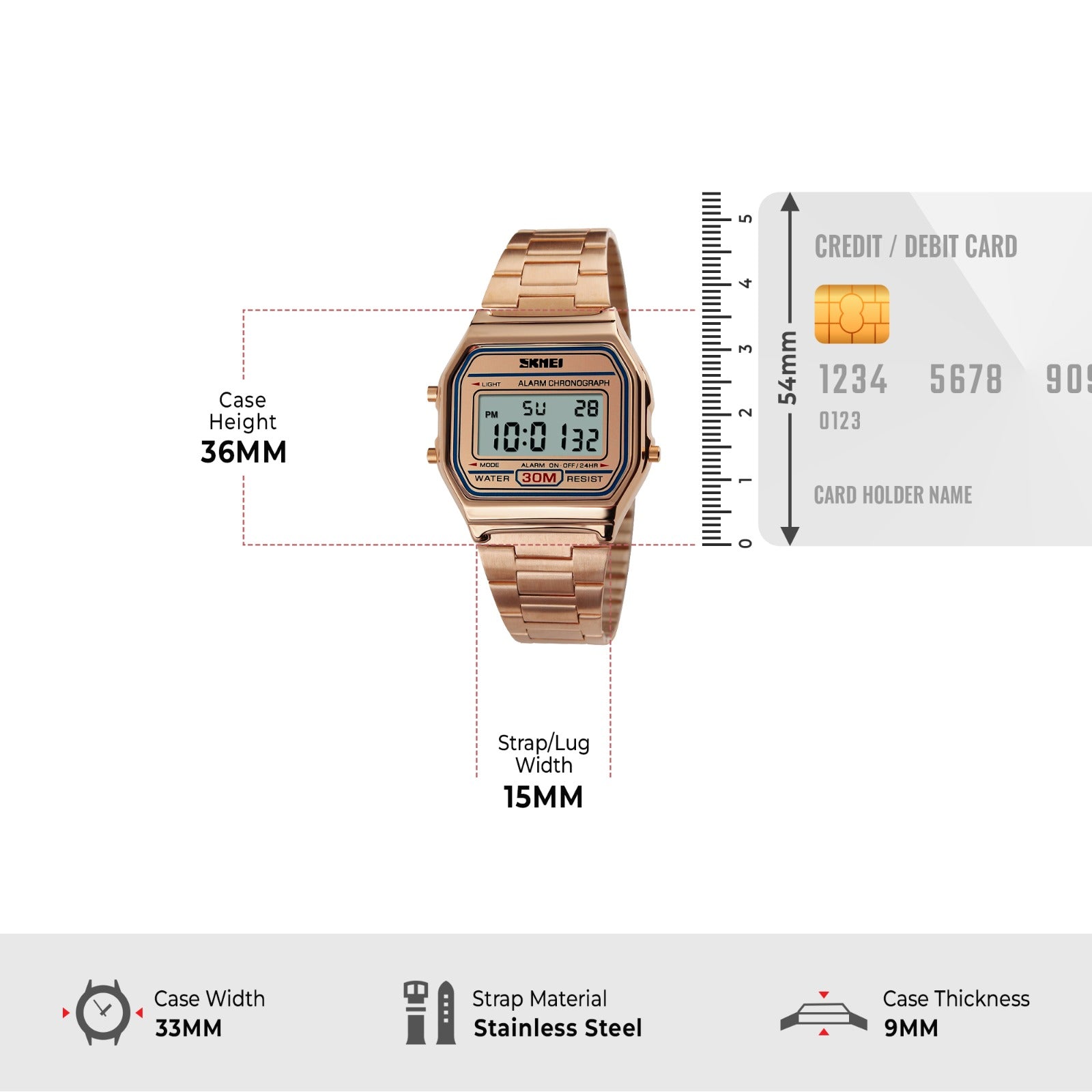 Skmei - 1123 - Digital Stainless Steel Watch - RoseGold image 3