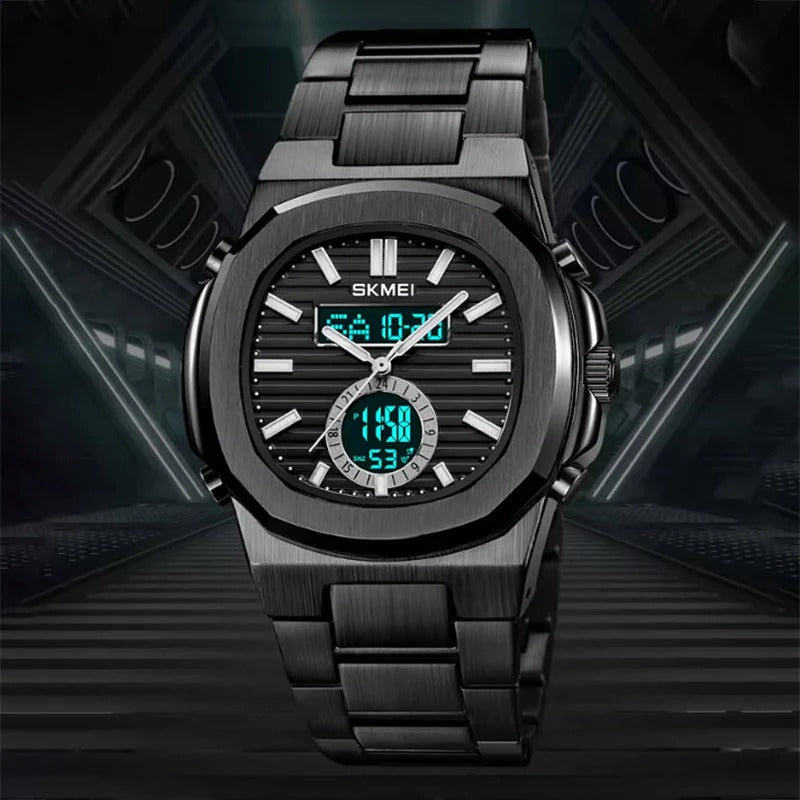 Skmei - 2279 - Dual Time Stainless Steel Watch - black-black image 2