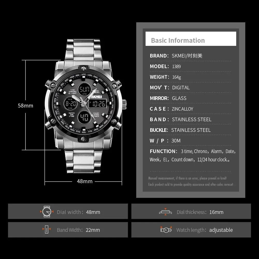 Skmei – 1389 – Dual Display Waterproof Business Watch - Silver/Black image 7