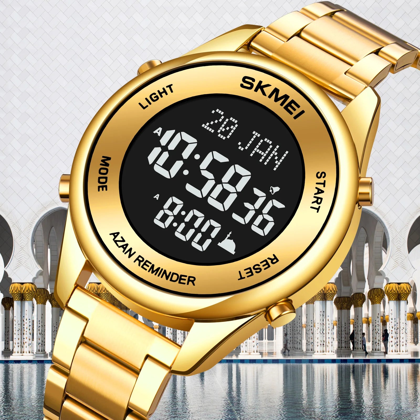 SKMEI - 1861 - Qibla Azan Time Reminder Prayer Watch - gold black image 3