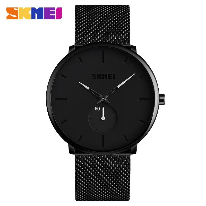 SKMEI - 9185 - Ultra Minimal Black Mesh Wristwatch - White image 3