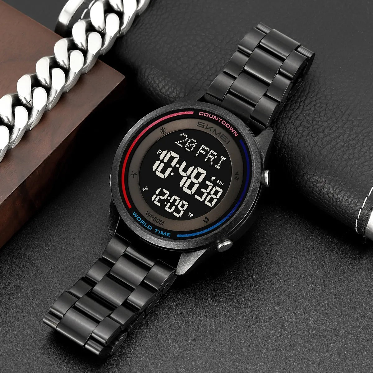 SKMEI 2412 Digital Countdown World Time Sports Watch - black/steel image 1