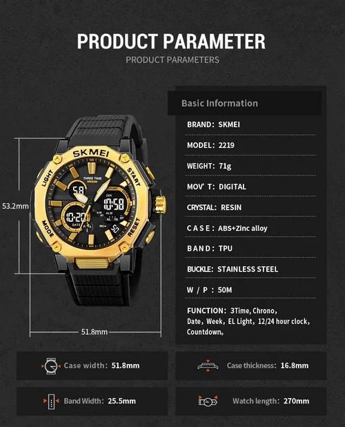 Skmei - 2219 - Digital Sports Watch - Gold image 2