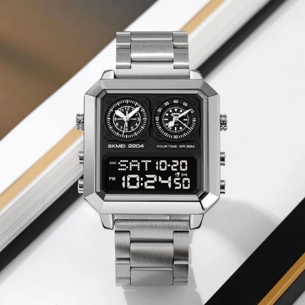 Skmei - 2204 - Digital Luminous 4 Time Square - Silver/White image 1