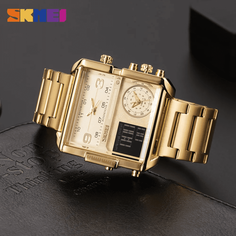 Skmei - 1584(chain) - Sports Quartz Waterproof Tiple time - Gold-Steel image 2